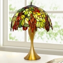 Leaf and Grape Night Lighting Mediterranean Cut Glass 1 Bulb Brass Finish Pull Chain Table Light with Domed Shade