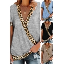 Fashionable Tee Top Leopard Pattern Short Sleeve Surplice Neck Relaxed Fitted T Shirt for Women