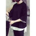 Fancy Women's Tee Top Patchwork Contrast Panel Faux Twinset Round Neck Half Sleeves Relaxed Fit T-Shirt
