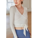 Girls Yoga T-shirt Solid Color Long Sleeve Surplice Neck Bow Tied Fit Crop Tee Top