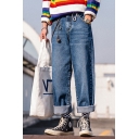 Fancy Men's Jeans Pocket Detail Zip Fly Mid Waist Ankle Length Straight Denim Jeans