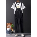 Mens Simple Solid Color Rolled Cuff Hip Hop Style Black Bib Overalls