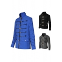 Leisure Men's Coat Button Embroidered Stand Collar Long Sleeves Flap Pocket Regular Fitted Coat