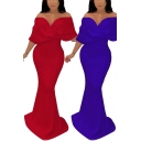 Fancy Women's Bodycon Dress Solid Color Wrap Front off the Shoulder Short Sleeves Maxi Bodycon Dress