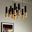 Metal Tubular Chandelier Postmodern 13 Heads Black and Brass Ceiling Hanging Light over Table