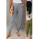 Leisure Womens Pants Solid Color Cotton and Linen Mid Elastic Waist Banded Cuffs Ankle Length Relaxed Fit Pants