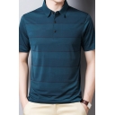 Retro Mens Business Polo Shirt Stripe Print Ice Silk Button Detail Turn-down Collar Slim Fit Short Sleeve Polo Shirt