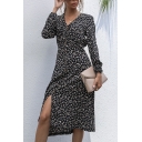 Glamorous Black Ditsy Flower Pattern Long Sleeve V-neck Button-up Slit Side Mid A-line Dress for Women