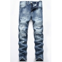Fancy Men's Jeans Distressed Side Pocket Distressed Mid Waist Long Regular Fitted Jeans with Washing Effect
