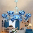 Blue Glass Bowl Chandelier Mediterranean 5-Head White Ceiling Hang Light for Living Room