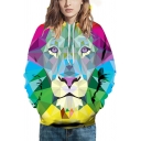 Pretty Mens Hoodie Colorful Lion 3D Pattern Long Sleeve Drawstring Relaxed Fit Hoodie in Pink-green