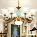 6/8/15 Bulbs Flared Up Chandelier Traditional Light Blue and Brass Frosted Glass Ceiling Pendant Light