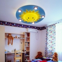 Sun Shaped Baby Room Ceiling Fixture Wood 6 Bulbs Cartoon Flush Mount Lighting in Blue and Yellow