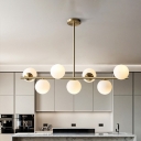 7-Light Kitchen Island Lighting Postmodern Bronze Pendant Lamp with Spherical White Glass Shade