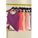 Leisure Women's Tank Top Solid Color Ribbed Knit Round Neck Inner Brushed Sleeveless Slim Fitted Cami Top