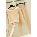 Casual Women's Set Solid Color Warmth Raw Hem Round Neck Long Sleeves Slim Fitted Tee Top with Elastic Waist Long Pants Bottoming Co-ords