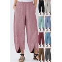 Basic Girls Pants Solid Color Elastic Waist Slit Ankle Length Baggy Pants