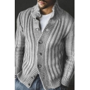 Stylish Men's Cardigan Solid Color Ribbed Knit Button Fly Stand Collar Regular Fitted Cardigan
