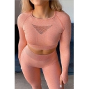 Sexy Ladies Tee Top Long Sleeve Crew Neck Hollow Out Fitted Solid Color Crop Tee Top