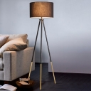 1-Light Drum Floor Standing Light Nordic Black/White/Flaxen Fabric Tripod Reading Floor Lamp for Living Room