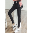 Fake Two Piece Leggings Drawstring Waist Contrasted Patchwork Ankle Skinny Simple Leggings for Girls