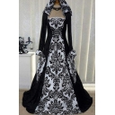 Medieval Ladies Dress Flower Printed Patched Long Sleeve Hooded Maxi Flared Dress