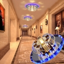 Modern Round Mini Flush Mount Clear Crystal Hallway LED Ceiling Mounted Light in Chrome, Purple/Blue/Red Light