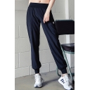 Womens Pants Trendy Reflective Label Elastic Waist Cuffed Ankle Length Slim Fitted Quick Dry Yoga Pants