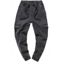 Men's Street Fashion Cool Multiple-Pocket Elastic Waist Dark Grey Cargo Jeans
