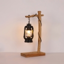 Black 1-Light Table Lamp Country Clear Glass Kerosene Nightstand Light with Wood Cross Stand