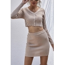 Hot Ladies Apricot Ribbed Long Sleeve Button Front Crop Tee & Mini Fit Skirt Co-ords
