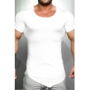 Casual Mens Tee Top Solid Color Asymmetrical Hem Crew Neck Short Sleeves Slim Fitted T-Shirt