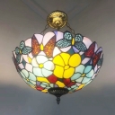 3 Lights Rosebush/Grape/Jewel Flush Mount Tiffany-Style Black Hand Cut Glass Semi Flush Mounted Ceiling Light