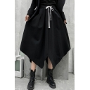 Cool Girls Skirt Drawstring Waist Irregular Hem Mid A-line Skirt in Black