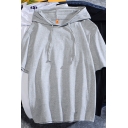 Casual Mens Tee Top Solid Color Short Sleeve Drawstring Hooded Loose Fit T Shirt