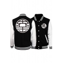 Fashion Chinese Character Print Long Sleeve Stand Collar Button-Down Colorblock Black Varsity Baseball Jacket