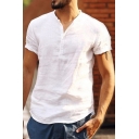 Basic Men's Tee Top Solid Color Button Detail Cotton and Linen Rolled up Short Sleeves Regular Fitted T-Shirt