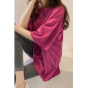 Fancy Women's Tee Top Raw Hem Solid Color Round Neck Short Sleeves Relaxed Fit Tunic T-Shirt