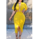 Fancy Women's Bodycon Dress Solid Color Deep V Neck Hollow out Short-sleeved Side Split Slim Fitted Midi Bodycon Dress