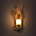 Frosted Glass Cylinder Wall Light Farmhouse 1-Light Restaurant Sconce Lighting with Antler Deco in Brown