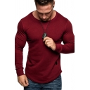 Casual Men's Tee Top Solid Color Asymmetrical Hem Crew Neck Long Sleeves Slim Fitted T-Shirt