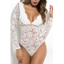 Sexy Women's Bodysuit Broderie Detailed Lace Hollow-out Scalloped Deep V Neck Long Sleeves Slim Fitted Bodysuit