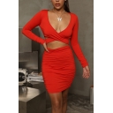 Stylish Women Bodycon Dress Solid Color Hollow out Ruched Detail Surplice Neck Long Sleeves Slim Fitted Short Bodycon Dress