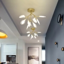 Gold Foliage Ceiling Light Fixture Contemporary 9-Bulb Acrylic Semi Flush Mount for Corridor