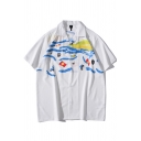 Fashionable Men's Shirt Color Painted Pattern Button Fly Loose Fitted Spread Collar Short Sleeves Shirt