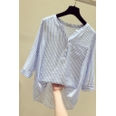Fancy Women's Shirt Blouse Stripe Pattern Button Front Chest Pocket 3/4 Sleeves Regular Fitted Shirt Blouse