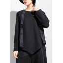 Unique Womens Tee Top Long Sleeve Round Neck Straps Asymmetric Hem Relaxed Fit T Shirt in Black