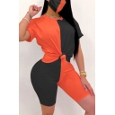 Fashion Set Colorblock Short Sleeve Crew Neck Relaxed Fit T Shirt & Fitted Shorts Set for Women