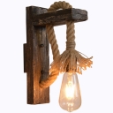 Brown L-Arm Wall Light Rural Wood Single Kitchen Roped Wall Lamp Fixture in Brown with/without Shade