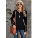 Womens Sexy Plain Lace Patched Long Sleeve Crew Neck Button Up Ribbed Fitted T Shirt